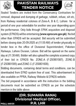 Pakistan Railways Lahore Tender Notice